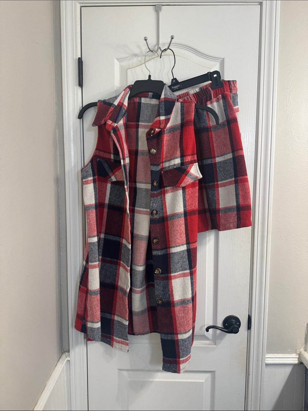 Red Plaid Button-Up Vest and Skirt Set
